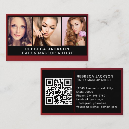 Modern Fototrio voor Make-up Artiesten Zwart QR Co Visitekaartje (Voorkant / Achterkant)