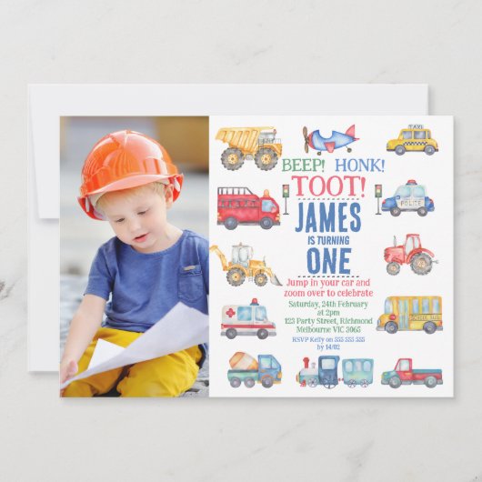 Modern Fotovervoer 1e Verjaardag Uitnodiging (Voorkant)