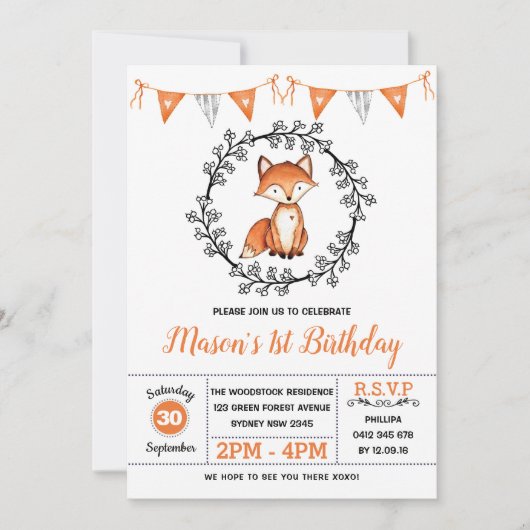 Modern Fox Birthday Party / Woodland Animal Kaart (Voorkant)