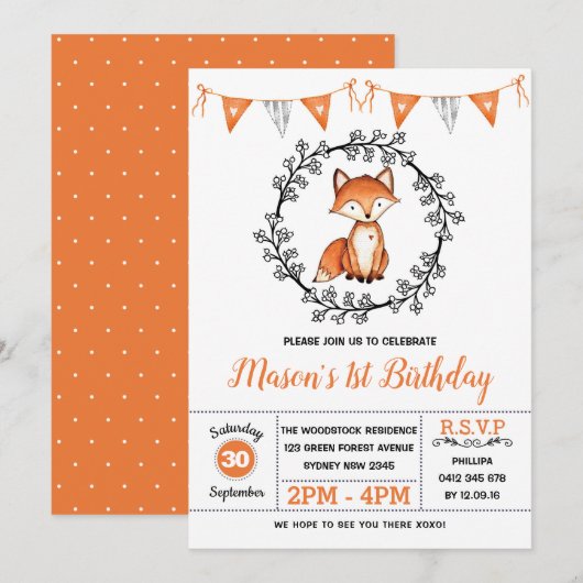 Modern Fox Birthday Party / Woodland Animal Kaart (Voorkant / Achterkant)