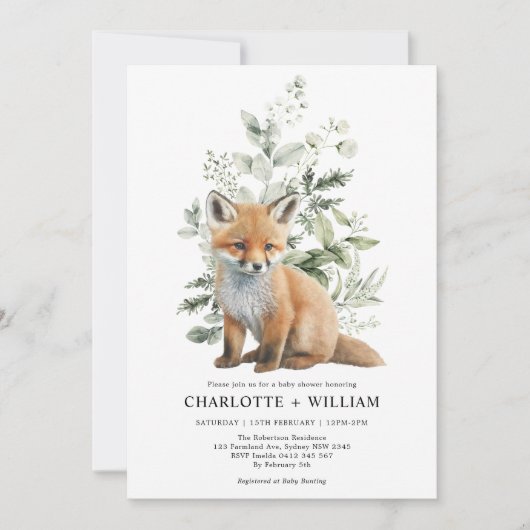 Modern Fox Sage Green Botanical Leaves Baby shower Kaart (Voorkant)