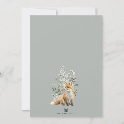 Modern Fox Sage Green Botanical Leaves Baby shower Kaart (Achterkant)