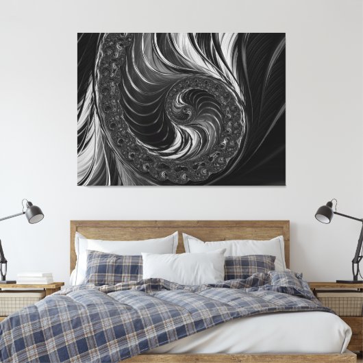 Modern Fractal Black White Metal Nautilus Swirl Canvas Afdruk (Insitu (Slaapkamer))