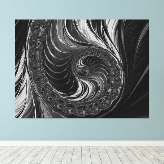 Modern Fractal Black White Metal Nautilus Swirl Canvas Afdruk (Insitu (Houten vloer))