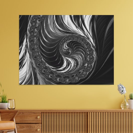 Modern Fractal Black White Metal Nautilus Swirl Canvas Afdruk (Insitu (Woonkamer))