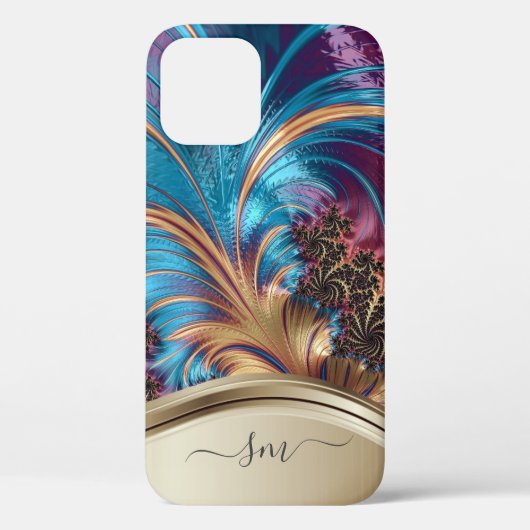 Modern Fractal Blauw Goud Handgeschreven Monogram Case-Mate iPhone Case (Achterkant)