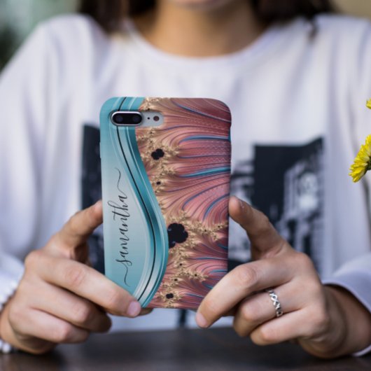 Modern Fractal Blauw Handgeschreven Monogram Case-Mate iPhone Case