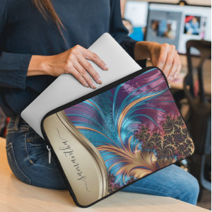 Modern Fractal Blue Handwrite Name Hoesje-Mat Laptop Sleeve