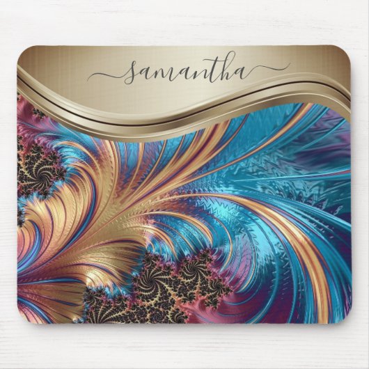 Modern Fractal Blue Handwrite Name Muismat (Voorkant)