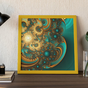 Modern Fractal Gold Turquoise blauw Poster