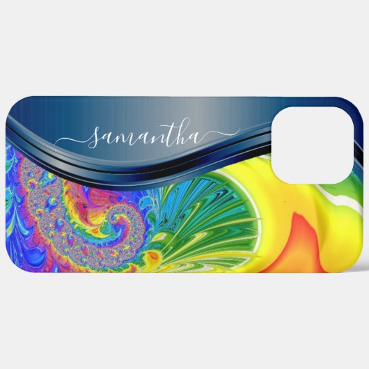 Modern Fractal Rainbow Blue Handgeschreven naam Case-Mate iPhone Case (Achterkant (horizontaal))