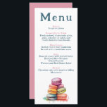 Modern Frans Macaron Wedding Menu<br><div class="desc">Dit elegante huwelijksmenu is voorzien van een speelse waterverf-afbeelding van kleurrijke Franse macarons, die een vleugje Parijse charme en eigenzinnigheid toevoegt. De strakke witte voorkant toont elke cursus in een modern serif lettertype, met zachte blush roze koppen voor een romantisch accent. De achterkant is een effen roze, perfect voor een...</div>