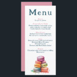 Modern Frans Macaron Wedding Menu<br><div class="desc">Dit elegante huwelijksmenu is voorzien van een speelse waterverf-afbeelding van kleurrijke Franse macarons, die een vleugje Parijse charme en eigenzinnigheid toevoegt. De strakke witte voorkant toont elke cursus in een modern serif lettertype, met zachte blush roze koppen voor een romantisch accent. De achterkant is een effen roze, perfect voor een...</div>