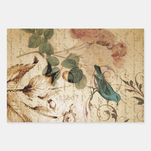 Modern Frans Scripts vogelbotanisch Inpakpapier Vel (Voorkant)