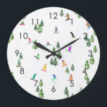 Modern Freeride Snowboarder Snowboarder Art Grote Klok<br><div class="desc">Koel-witte illustratiekunst met kleurrijke sneeuwboarders,  sneeuwboarden in bergen onder pijnbomen,  sparren,  vette bomen op vers sneeuwpoeder. Snowboard en xmas buitensport in een winterbos. Snowboarder giften. Snowboardkerstdecor.</div>
