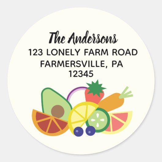 Modern Fruit en Groenten Rond Terugkeeradres Ronde Sticker (Voorkant)