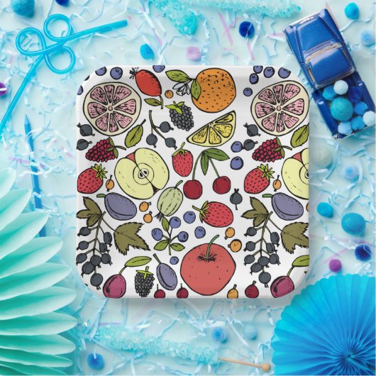 Modern fruitpatroon voor verjaardagsfeestje l Whit Papieren Bordje (Feest)