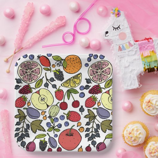 Modern fruitpatroon voor verjaardagsfeestje l Whit Papieren Bordje (Feest)