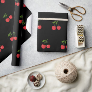 Modern Fruitpatroon Zwart & Rode Kers Cadeaupapier