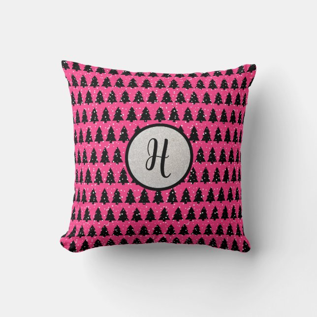 Modern Fuchsia & Black Monogram Sierkussen (Voorkant)