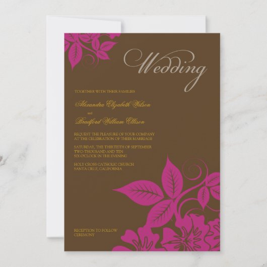 Modern Fuchsia/Brown Floral Wedding Invitation Kaart (Voorkant)