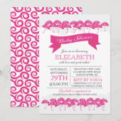 Modern Fuchsia Pink Umbrella Girls Baby shower Kaart (Voorkant / Achterkant)