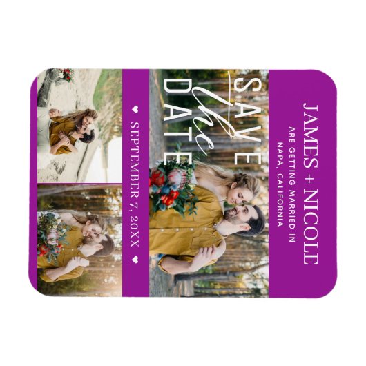 Modern Fuchsia Save the Date Wedding 3 Foto's Magneet (Horizontaal)