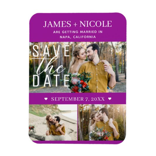 Modern Fuchsia Save the Date Wedding 3 Foto's Magneet (Verticaal)