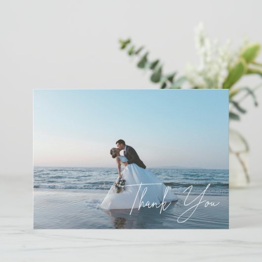 Modern Full Photo Script Lettering Wedding Bedankkaart (Staand voorkant)