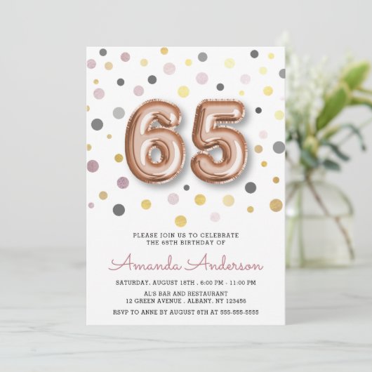 Modern Fun Balloon 65th Birthday Party Kaart (Staand voorkant)