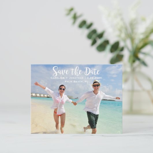Modern Fun Beach Photo Weddenschap Save the Date Aankondigingskaart (Staand voorkant)