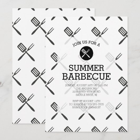 Modern Fun Black White Summer Barbecue Party Kaart (Voorkant / Achterkant)