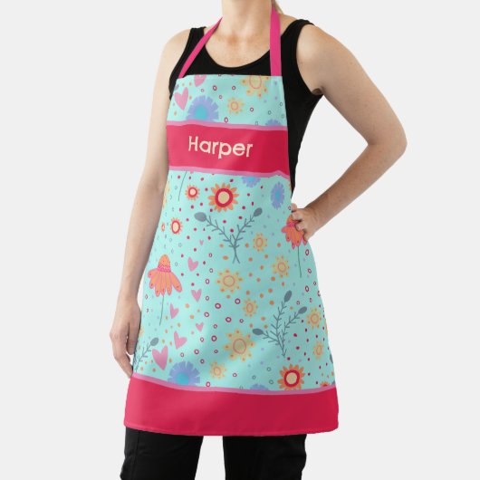 Modern Fun Bloem Patroon Naam Koken Inspirivity Schort (Insitu)