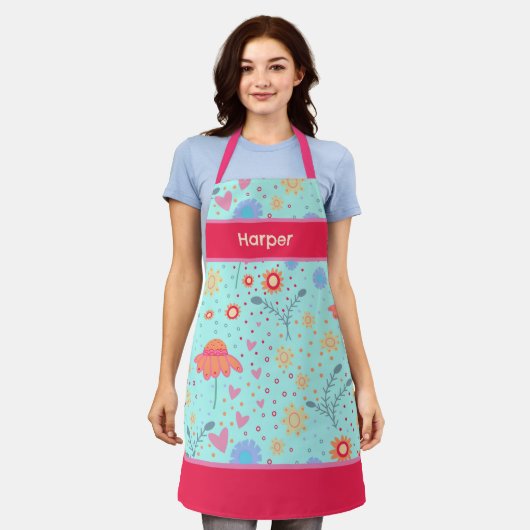 Modern Fun Bloem Patroon Naam Koken Inspirivity Schort (Gedragen)