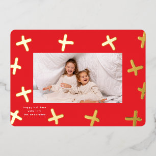 Modern Fun Border Goud & Rode Kerstkruizen Folie Feestdagenkaart