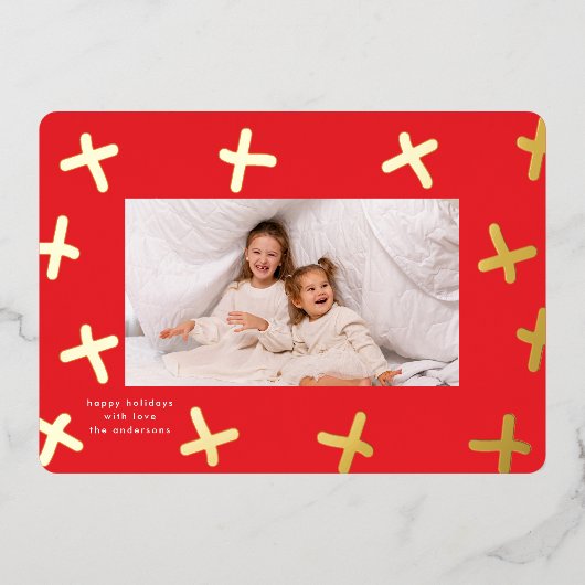 Modern Fun Border Goud & Rode Kerstkruizen Folie Feestdagenkaart (Voorkant)