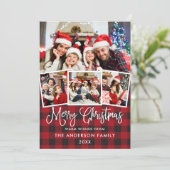 Modern Fun Calligrafie 4-foto met kerstrood randje Feestdagenkaart (Staand voorkant)