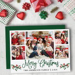 Modern Fun Calligrafie 5 Fotokerstgroen Feestdagenkaart<br><div class="desc">Modern Fun Calligraphy Script 5 Photo Family Collage Merry kerstkaart bevat Waterverf kerst Holly Berries - Groen script</div>