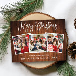 Modern Fun Calligrafie Kerst Hout 3 foto's Briefkaart<br><div class="desc">Modern Fun Calligraphy Script Merry Kerstmis 3 Photo Holiday Briefkaart - Rustisch country wood</div>