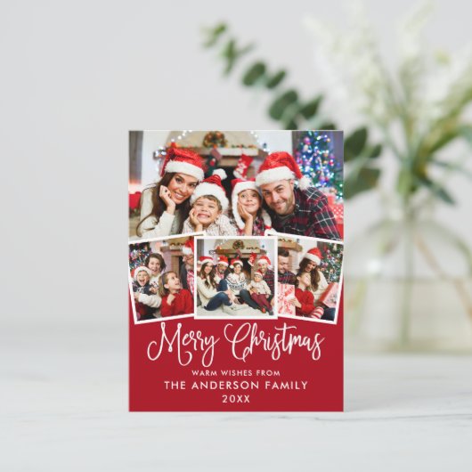 Modern Fun Calligrafie Kerstmis 4 Foto Rood Briefkaart (Staand voorkant)