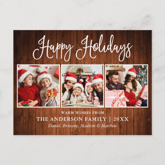 Modern Fun Calligraphy 3 Photos Wood Holiday Briefkaart (Voorkant)