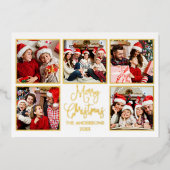 Modern Fun Calligraphy 5 Photo Green Gold Folie Feestdagenkaart (Voorkant)