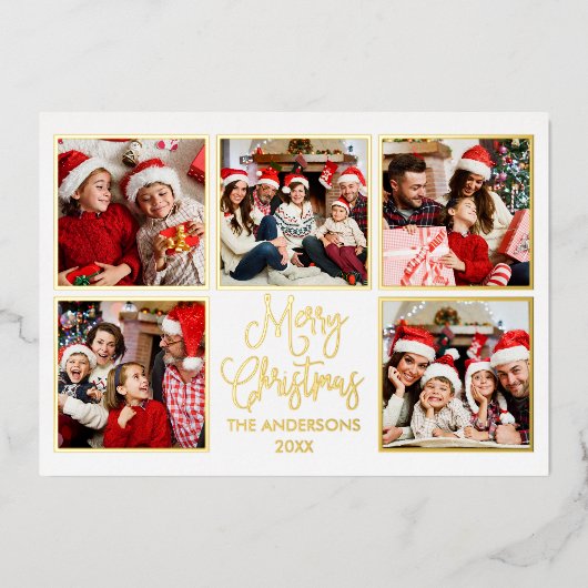 Modern Fun Calligraphy 5 Photo Green Gold Folie Feestdagenkaart (Voorkant)