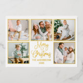 Modern Fun Calligraphy 5 Photo Sage Green Gold Folie Feestdagenkaart (Voorkant)