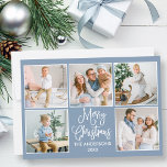 Modern Fun Calligraphy Blue 5 Feestdagenkaart<br><div class="desc">Modern Fun Calligraphy Script Merry Kerstmis 5 Photo Collage Holiday Card - Dusty Blue Background</div>
