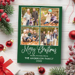 Modern Fun Calligraphy Green 4 Foto Briefkaart<br><div class="desc">Modern Fun Calligraphy Script Merry Kerstmis 4 Photo Holiday Briefkaart - Forest Green Background</div>