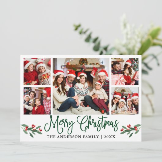 Modern Fun Calligraphy Green 5 Fotokerstmis Feestdagenkaart (Staand voorkant)