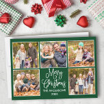 Modern Fun Calligraphy Green 5 Fotokerstmis Feestdagenkaart<br><div class="desc">Modern Fun Calligraphy Script Merry Kerstmis 5 Photo Collage Holiday Kaart - Forest Green Background</div>