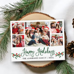 Modern Fun Calligraphy Holly 5 Photo Holiday Briefkaart<br><div class="desc">Modern Fun Calligraphy Script 5 Photo Family Collage Prettige feestdagen Briefkaart bevat Waterverf Kerstmis Holly Berries - Groen script</div>