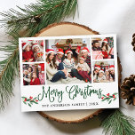 Modern Fun Calligraphy kerst Holly 5 Foto Briefkaart<br><div class="desc">Modern Fun Calligraphy Script 5 Photo Family Collage Merry Kerstmis Briefkaart bevat Waterverf kerst Holly Berries - Groen script</div>